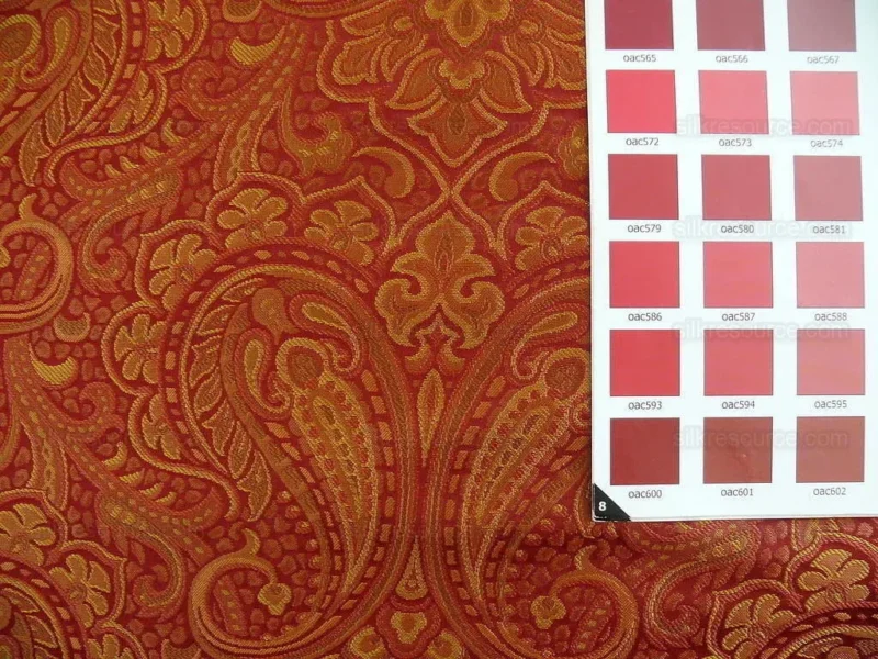 P1220684 100% Silk Lampas Small Jewelled Paisley "scarlet" Red Orange Yellow Pink