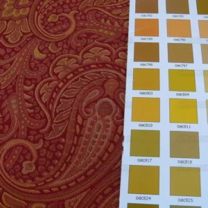 P1220685 100% Silk Lampas Small Jewelled Paisley "scarlet" Red Orange Yellow Pink