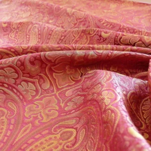 P1220687 100% Silk Lampas Small Jewelled Paisley "scarlet" Red Orange Yellow Pink