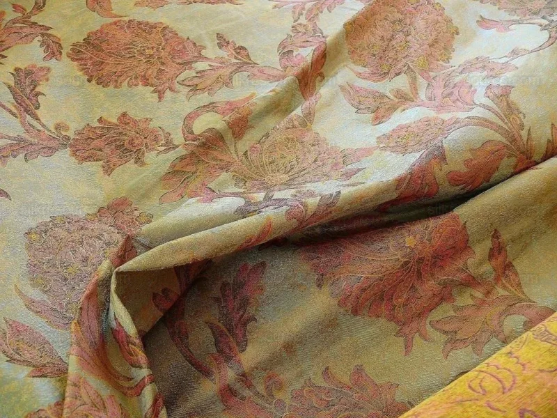 P1230333 100% Silk Lampas Large Peony Paisley "etruscan" Blue Brown Pink MSRP USD 279/y