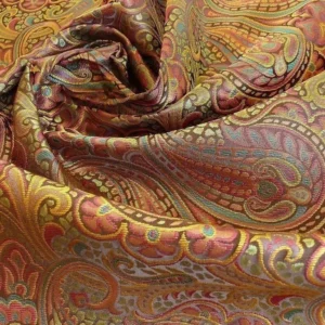 P1230510 by yard 100% Silk Lampas Small Jewelled Paisley "jewel" Orange Yellow Brown Green