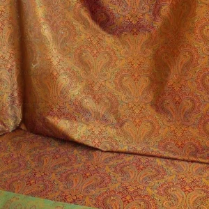 P1230517 by yard 100% Silk Lampas Small Jewelled Paisley "jewel" Orange Yellow Brown Green