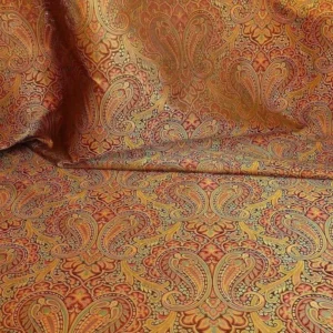 P1230519 by yard 100% Silk Lampas Small Jewelled Paisley "jewel" Orange Yellow Brown Green