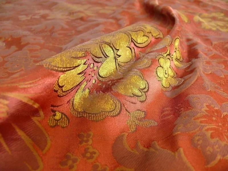 P1230735 By Yd Hiend 100%silk Lampas Peony Bush "rust" Red Gold Yellow 560 Rust