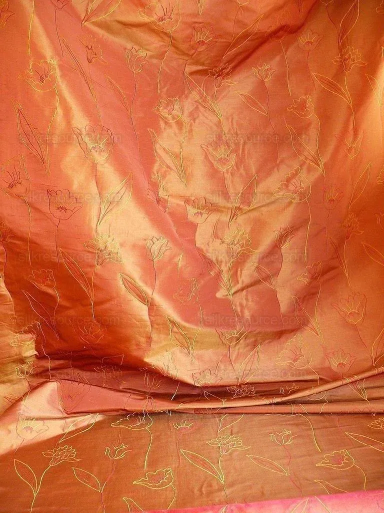 P1240173 100% Silk Lampas Tulip "rust" Red Mod Picasso Modern Abstract Flora Thick MSRP USD 300+/Y