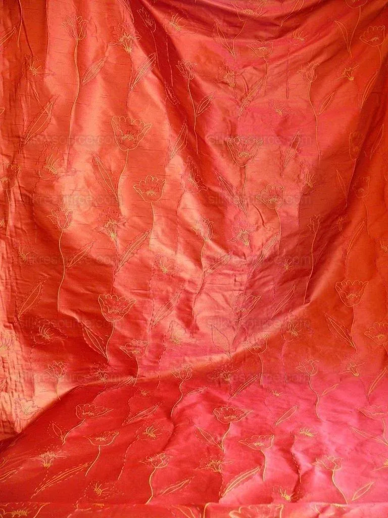 P1240175 100% Silk Lampas Tulip "rust" Red Mod Picasso Modern Abstract Flora Thick MSRP USD 300+/Y