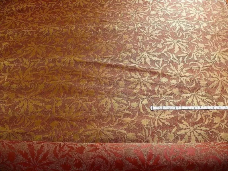 P1240205 by yard 100% Silk Jacquard Palm Japanese Maple Leaf Foliage Magic "redwood" Red Gold Brown