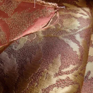 P1240213 by yard 100% Silk Jacquard Palm Japanese Maple Leaf Foliage Magic "redwood" Red Gold Brown