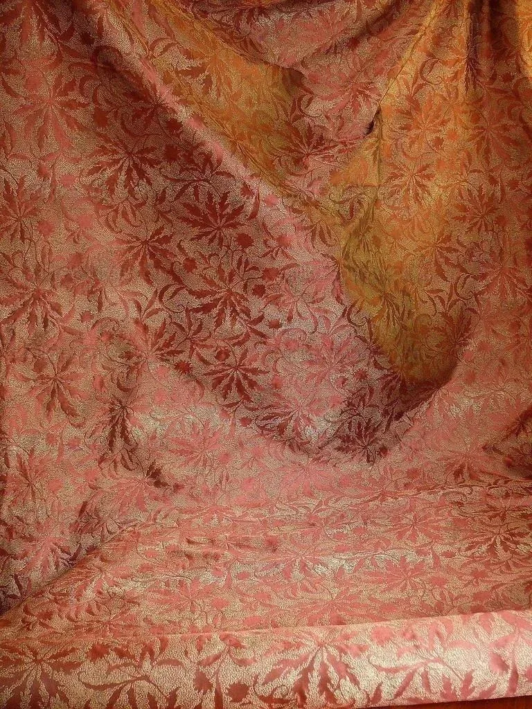 P1240218 by yard 100% Silk Jacquard Palm Japanese Maple Leaf Foliage Magic "redwood" Red Gold Brown