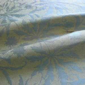 by yard 100% Silk Jacquard Palm Japanese Maple Leaf Foliage Magic "glacier" Blue Gold