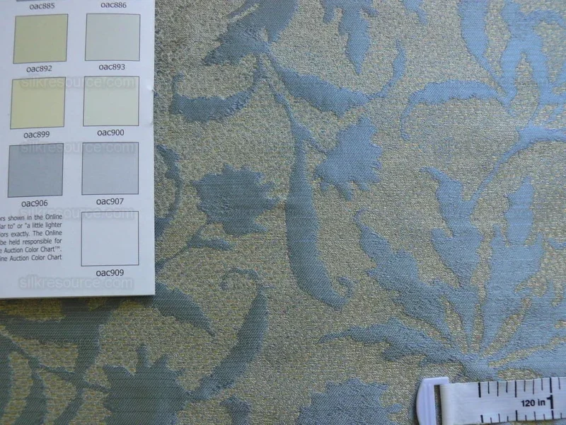 by yard 100% Silk Jacquard Palm Japanese Maple Leaf Foliage Magic "glacier" Blue Gold