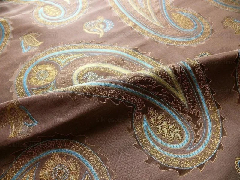 P1240540 BY Yard Stunning 100% Silk Lampas Jacquard Fire Flame Edged Paisley "sumatra" Brown Gold Blue