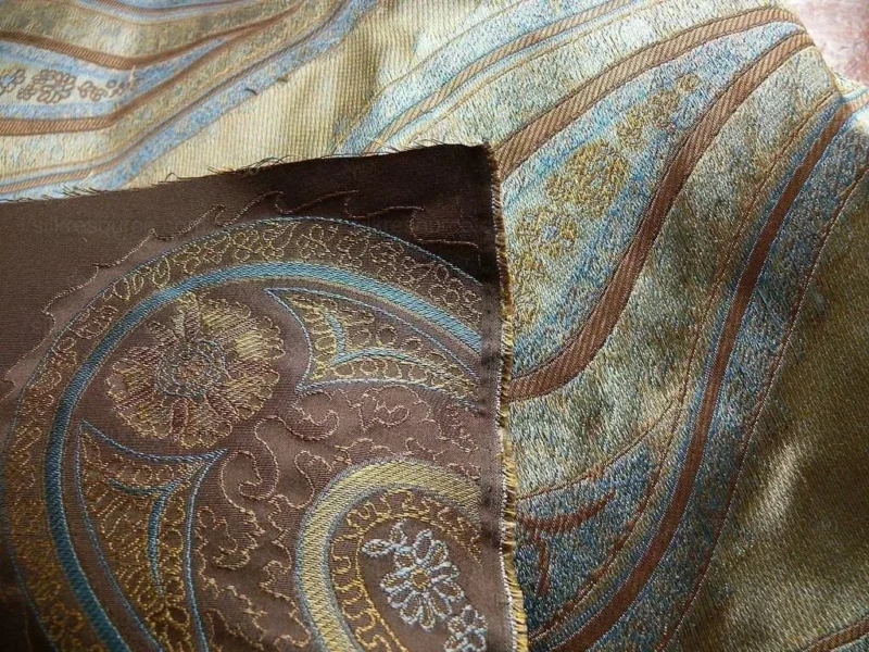 P1240549 BY Yard Stunning 100% Silk Lampas Jacquard Fire Flame Edged Paisley "sumatra" Brown Gold Blue