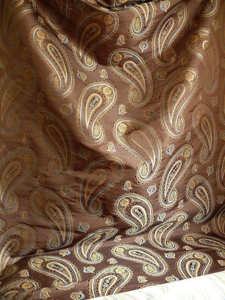 P1240555 BY Yard Stunning 100% Silk Lampas Jacquard Fire Flame Edged Paisley "sumatra" Brown Gold Blue