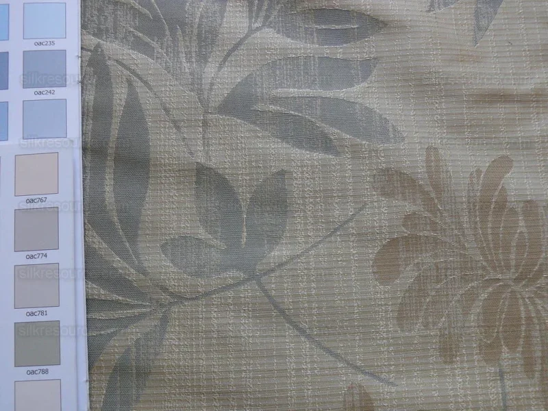 P1240696 By yard 100% Silk Lampas Bali Breeze "linen" Blue Silver Beige Khaki Tropical Reversible