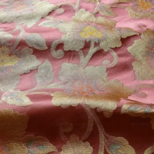 by yard 100% Silk Lampas Tri-leaf Flower "brick" Red Yellow Pink Gold