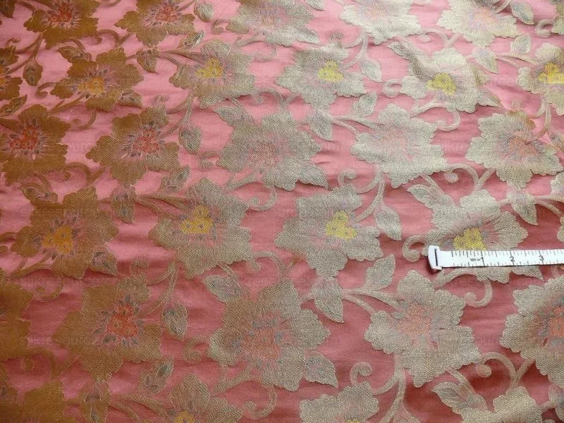 by yard 100% Silk Lampas Tri-leaf Flower "brick" Red Yellow Pink Gold