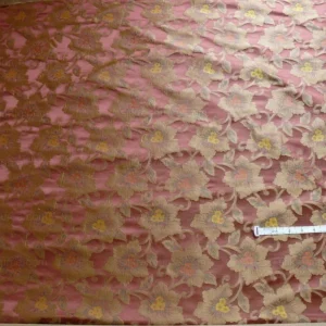 by yard 100% Silk Lampas Tri-leaf Flower "brick" Red Yellow Pink Gold