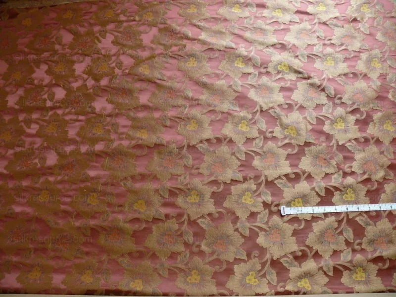 by yard 100% Silk Lampas Tri-leaf Flower "brick" Red Yellow Pink Gold