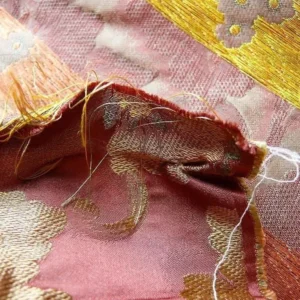 by yard 100% Silk Lampas Tri-leaf Flower "brick" Red Yellow Pink Gold