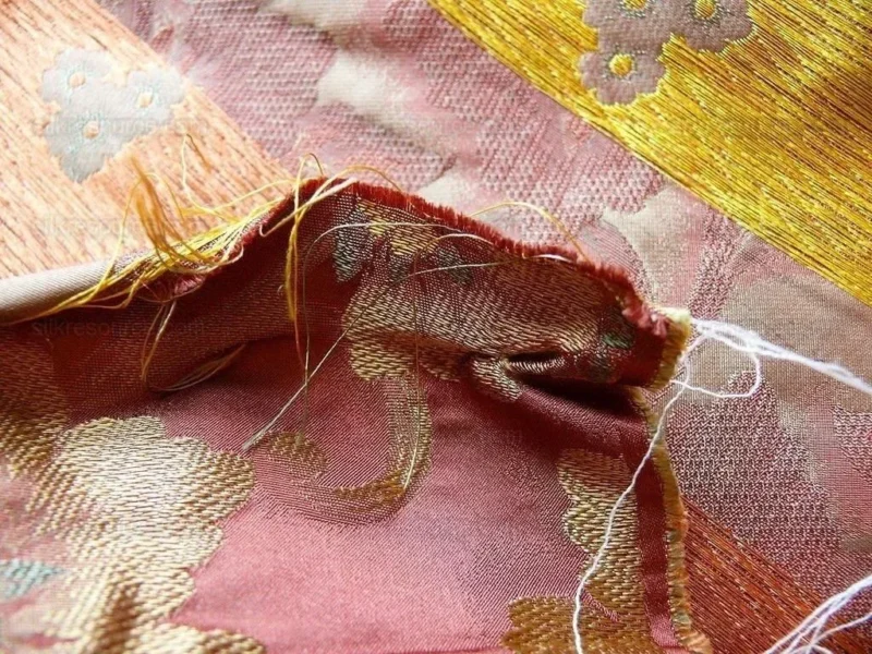 by yard 100% Silk Lampas Tri-leaf Flower "brick" Red Yellow Pink Gold