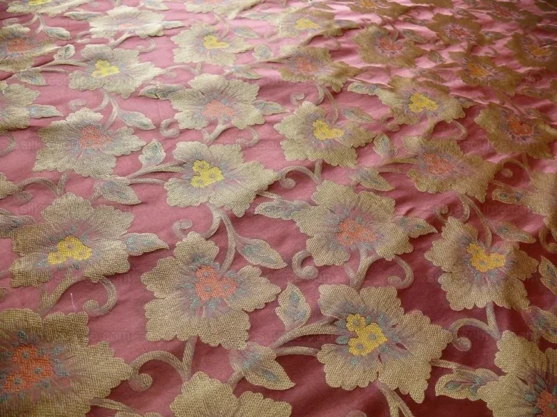 by yard 100% Silk Lampas Tri-leaf Flower "brick" Red Yellow Pink Gold