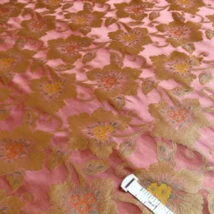 by yard 100% Silk Lampas Tri-leaf Flower "brick" Red Yellow Pink Gold
