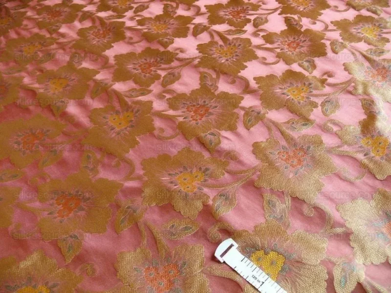 by yard 100% Silk Lampas Tri-leaf Flower "brick" Red Yellow Pink Gold