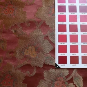 by yard 100% Silk Lampas Tri-leaf Flower "brick" Red Yellow Pink Gold