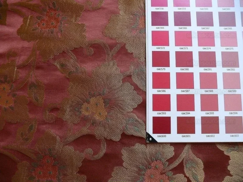 by yard 100% Silk Lampas Tri-leaf Flower "brick" Red Yellow Pink Gold