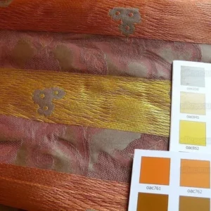 by yard 100% Silk Lampas Tri-leaf Flower "brick" Red Yellow Pink Gold