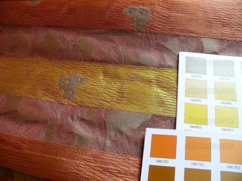 by yard 100% Silk Lampas Tri-leaf Flower "brick" Red Yellow Pink Gold