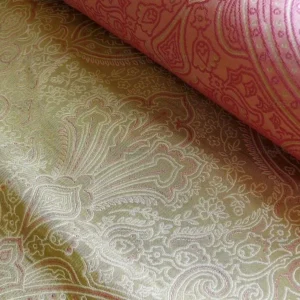P1250389 by yard Levant 100% Silk Fine Line Damask Lampas Paisley "sprig" Pink Large Medallion Reversible