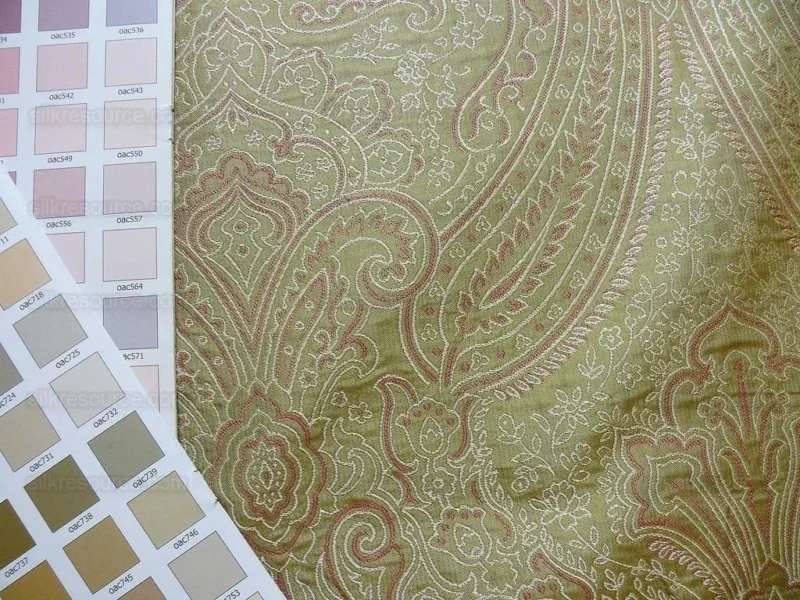 P1250402 by yard Levant 100% Silk Fine Line Damask Lampas Paisley "sprig" Pink Large Medallion Reversible