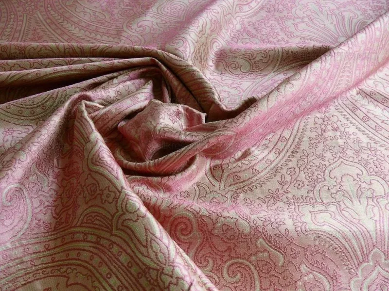 P1250408 by yard Levant 100% Silk Fine Line Damask Lampas Paisley "sprig" Pink Large Medallion Reversible