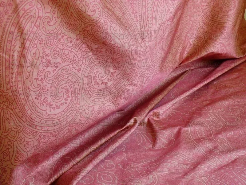 P1250416 by yard Levant 100% Silk Fine Line Damask Lampas Paisley "sprig" Pink Large Medallion Reversible