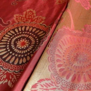 P1250920 By yard Asian Modern 100% Silk Jacquard Retro Mum "beaujolais" Red Brown Beige