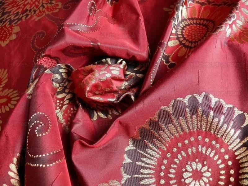 P1250927 By yard Asian Modern 100% Silk Jacquard Retro Mum "beaujolais" Red Brown Beige