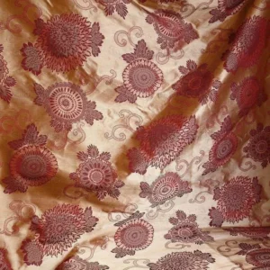 P1250939 By yard Asian Modern 100% Silk Jacquard Retro Mum "beaujolais" Red Brown Beige