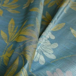 P1260005 By yard 100% Silk Lampas Bali Breeze "ocean" Blue Flora Tropical Reversible