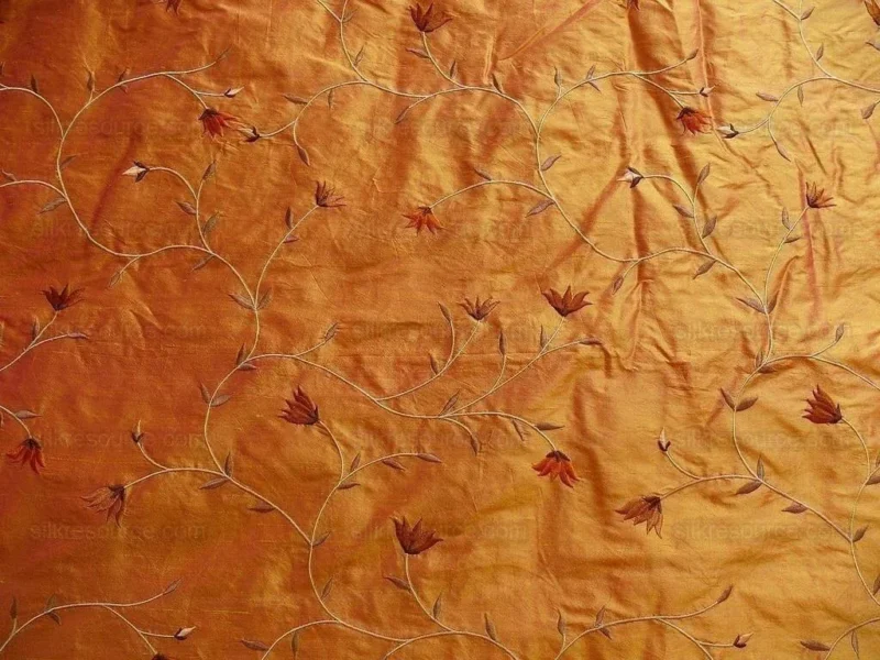 P1280200 BY yard 100% Silk Embroidery Vine Bright Orange W Rose Shot