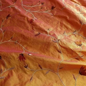 P1280201 BY yard 100% Silk Embroidery Vine Bright Orange W Rose Shot