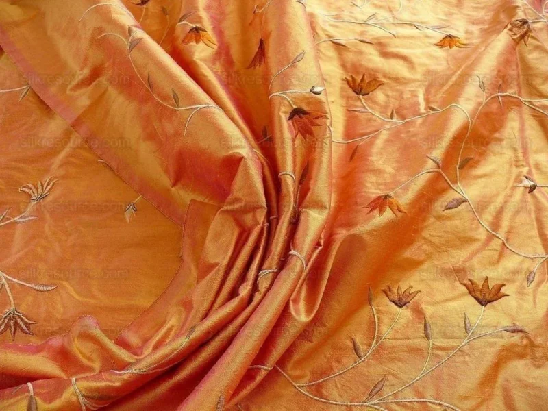 P1280203 BY yard 100% Silk Embroidery Vine Bright Orange W Rose Shot