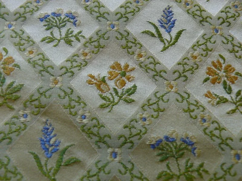 P1520060 100% Silk Lampas Orange & Blue Petite Flower Diamond By Yd