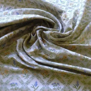 P1520064 100% Silk Lampas Orange & Blue Petite Flower Diamond By Yd