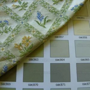 P1520067-1 100% Silk Lampas Orange & Blue Petite Flower Diamond By Yd