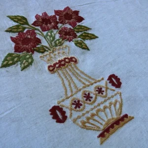 P1530158 Fabricut Quilvio Embroidered Linen/cotton Red Bouquet On Nat Bty