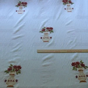 P1530159 Fabricut Quilvio Embroidered Linen/cotton Red Bouquet On Nat Bty