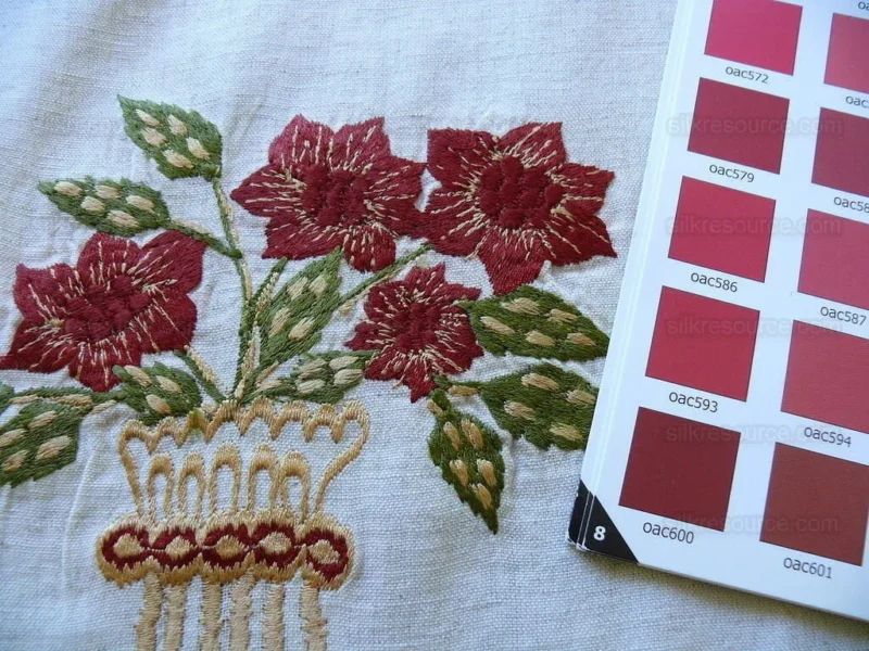 P1530160 Fabricut Quilvio Embroidered Linen/cotton Red Bouquet On Nat Bty