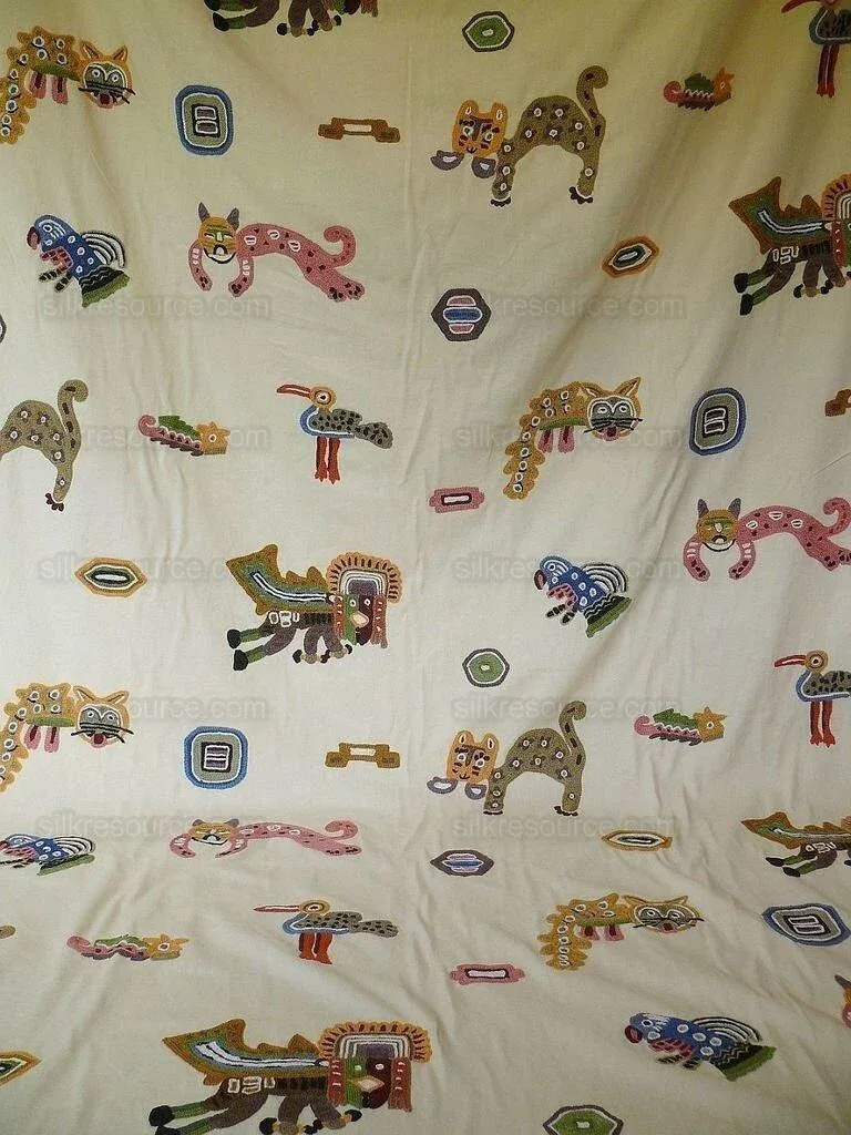 P1550993 By Yard Clarence House Animal Crewel Wool On Cotton Primativo Embroidery Aztec